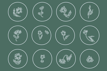 Stories highlights flowers icons set in dark theme. Logo design for floral shop, eco product. Hand drawn vector doodle illustration.
