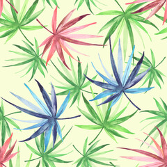 Watercolor palm leaf seamless pattern. Tropical leaves. Jungle, hawaii. Bright Rapport for Paper, Textile, Wallpaper, design. Tropical leaves watercolor. Exotic tropical palm tree. abstract splash. 
