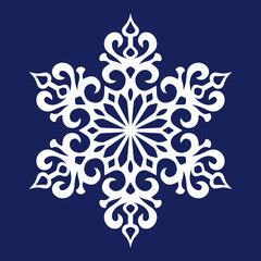 festive traditional ornament, white snowflake on dark blue background, vector illustration