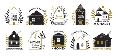 Real estate doodle logo. Countryside wooden house sketch. Rental village wooden chalet with garden and town cottage. Residential buildings and letterings. Vector cozy home icons set