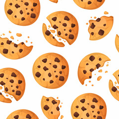 Cookie pattern. Cartoon wallpaper with cute chocolate biscuit pieces and chips. Sweet dessert seamless texture. Yummy confectionery. Crushed pastry and crumbs. Vector food product print