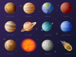 Planets collection. Solar system elements. Galaxy exploration. Astronomy research. Earth with Moon. Mercury Venus and Mars. Jupiter Saturn Uranus Neptune and Pluto. Vector space set