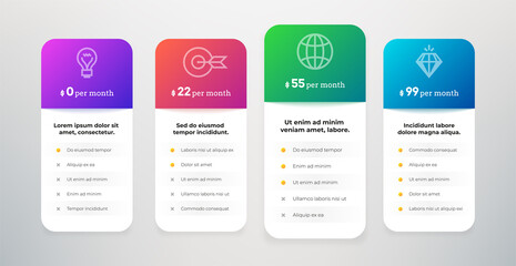 Pricing plans. Business product subscription list layout. Grids and tabs with pricing discount and features checklist. Tariff compare infographic mockup. Vector comparison chart table