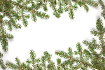 Frame of fir branches on a white background. Christmas frames or borders with fir tree.