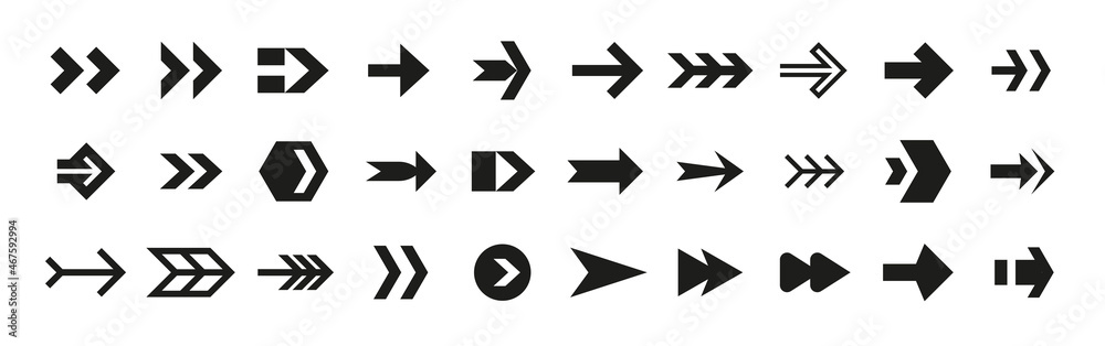Poster Arrow icon. Interface forward or back signs. Up and down marks. Left and right directions. Website and menu navigation. Game orientation symbols. Vector upload and download buttons set