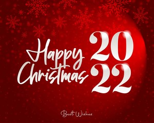 Fototapeta na wymiar Happy Christmas new years 2022. Greeting card with date and calligraphic handwriting and snow flake on red background.