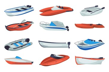 Wooden boats. Small ships for river and lake sailing. Motor travel and fishing vessel without passenger. Inflatable rubber motorboat. Isolated rowboat mockup. Vector water transport set