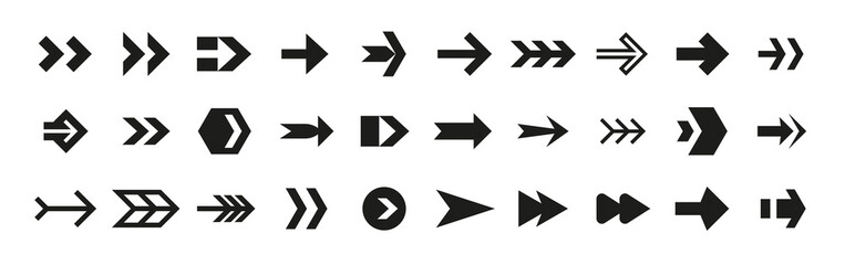 Arrow icon. Interface forward or back signs. Up and down marks. Left and right directions. Website and menu navigation. Game orientation symbols. Vector upload and download buttons set