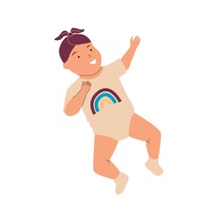 Cute baby. Cartoon girl lying on back. Child in casual romper. Isolated newborn daughter waving hands. Happy smiling toddler. Infant growing step. Human development. Vector infancy age
