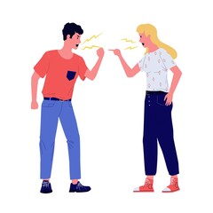 Young boy and girl scream at each other. People quarreling. Family conflict. Emotional discussion with shouts and aggressive gestures. Angry couple swearing. Vector abusive dispute