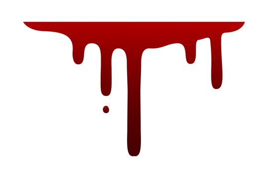Red paint splash. Dripping blood. Halloween decoration element. Isolated oozing fluid template. Bloody horizontal line with flowing drops. Spilled ketchup or ink. Vector bleeding texture