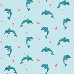 Seamless marine pattern jumping dolphin with seashells and starfish. Color vector illustration.