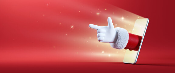 3d render. Cartoon character Santa Claus hand shows pointing finger, sticking out the smart phone screen, illuminated with magical light. Christmas banner with red background. Target promotion concept
