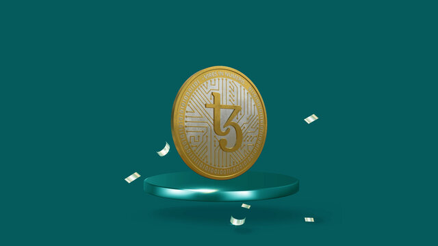 The Tezos Cryptocurrency symbol, the golden XTZ Coin, is displayed on the stage. Blockchain technology, Tezos Coin 3D illustration