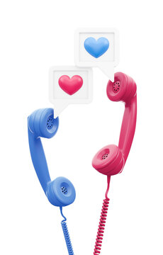 Vintage Loving Dialogue. A pair of handsets of retro phones are colored to blue and red. They are hanging in the air together with speech bubbles, that are contain heart shapes. 3D-rendering graphics.