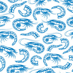 Vector shrimp seamless pattern, seafood background. Prawn illustrations collection