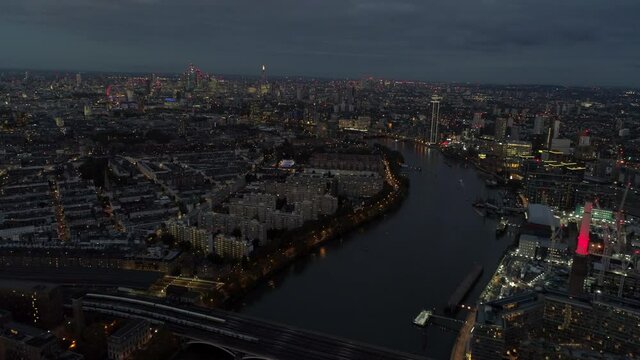 Aerials London, England, City Area Sunset up the Thames towards Big Ben

