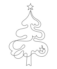 Christmas tree with a star. New Year. Festive mood, humor. Continuous line drawing. Vector illustration. Isolated on white background