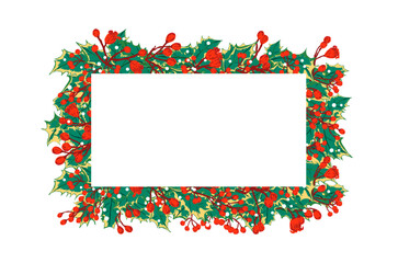 Fondo, banner o marco de hojas y frutos navideños. Espacio de texto. Temática navideña