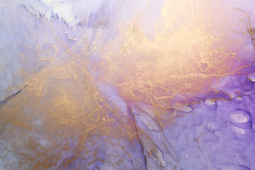 Luxury abstract background in alcohol ink technique, purple gold liquid painting, scattered acrylic blobs and swirling stains, printed materials