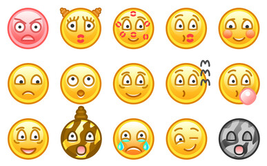 Emoji icons. Funny faces with different emotions. Isolated. Vector illustration.