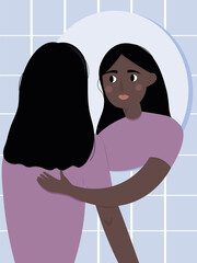 Love and respect for yourself. The concept of self-acceptance. A young woman looks in the mirror, her own reflection embraces her. Hand drawn flat illustration. Self-love, self acceptance concept