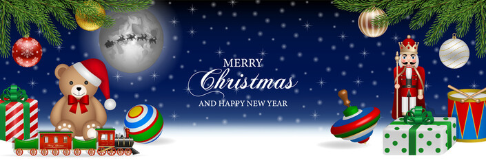 Naklejka premium Christmas banner with gift boxes and toys