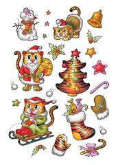 Christmas (New Year) cartoon set of tigers and Christmas items