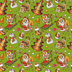 Christmas and New Year seamless pattern with tigers - symbols of 2022 year