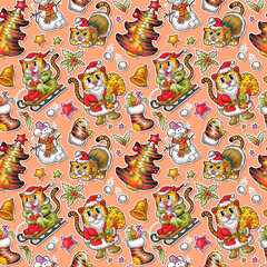 Christmas and New Year seamless pattern with tigers - symbols of 2022 year