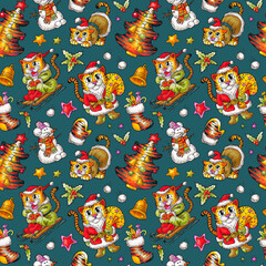 Christmas and New Year seamless pattern with tigers - symbols of 2022 year