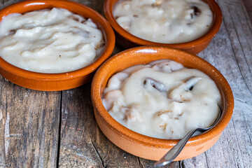 Sweet crumbs, cheap and typical dessert from Castilla La Mancha (Spain) in ceramic tubs.