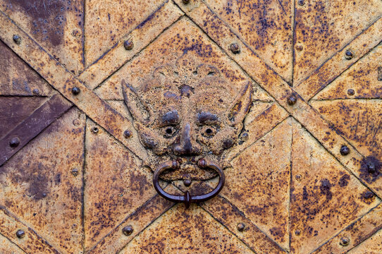 Fragment of an old rusty iron door with a door knocker in the shape of a lion's head. Wrought iron door to the castle. mediaeval