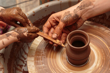 The child moulds from clay a pot on a potter's wheel. Adults help the child to work with clay.