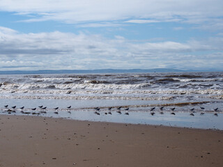the beach at blundell flats in southport with waves braking on the beach and the wind turbines at burbo bank visible in the distance