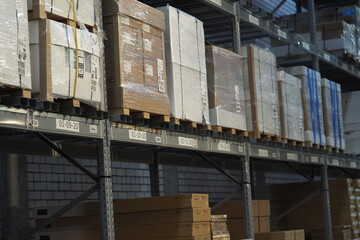 Storage of goods in the warehouse. Warehouse in a shopping center.