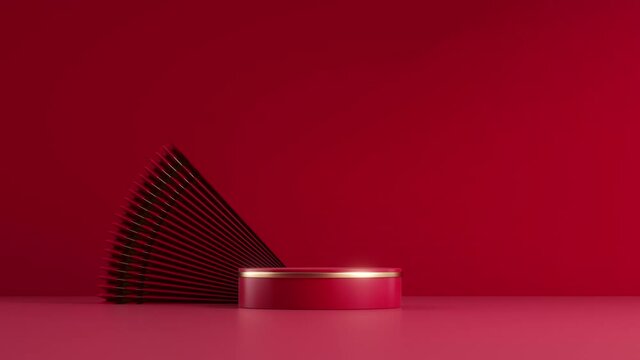 3d animation 4K, abstract red festive background with empty podium, animated paper fan folding. Blank showcase for product presentation
