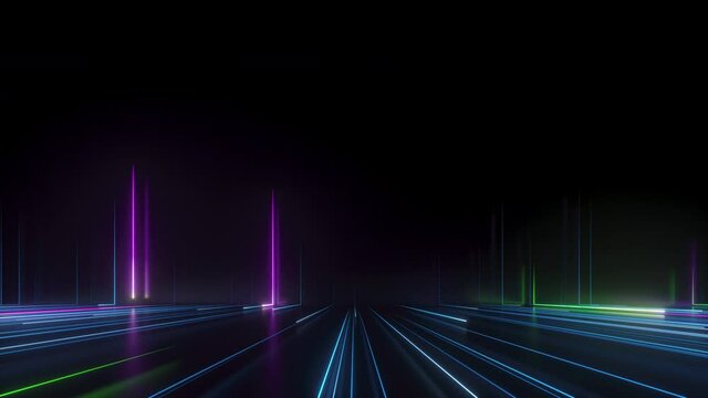 3d animation, abstract background with stream of neon lines leaving glowing tracks. Stars falling down. Colorful spectrum laser rays sliding and going down
