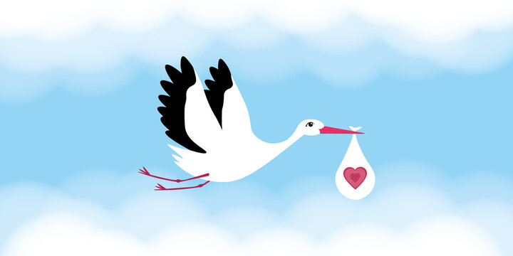 Stork is delivering a baby. Blue sky with clouds in the background.