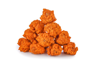 Heap of fried spicy chicken isolated on white background.