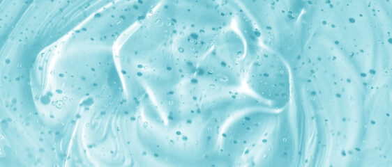 Gel with hyaluronic acid. Blue background with oxygen bubbles. Cosmetic cream with oxygen bubbles....