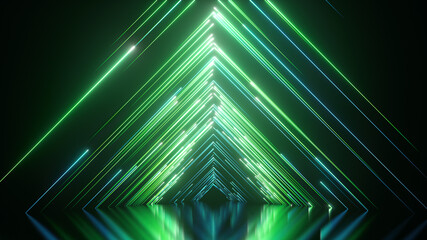 Fototapety  3d render. Abstract green neon background with triangular shape, laser rays and glowing lines