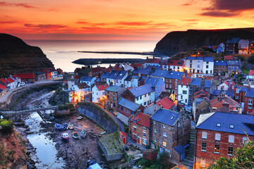 Clifftop view at Sunrise of Staites, North Yorkshire, England, UK.