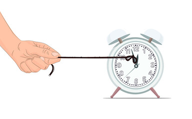 Stop Time concept. Stoping the time in vector illustration. Trying to stop a time. Clock stop by hand. Hand pulling rope for stop clock. work Deadline concept. holding time on the clock by rope.