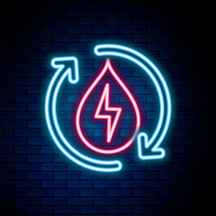 Glowing neon line Recycle clean aqua icon isolated on brick wall background. Water recycling energy symbol. Drop of water with recycling. Water refresh arrows. Colorful outline concept. Vector