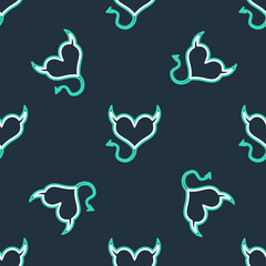 Line Devil heart with horns and a tail icon isolated seamless pattern on black background. Valentines Day symbol. Vector