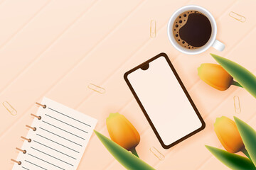 Spring business background with phone, notepad, tulips and coffee.