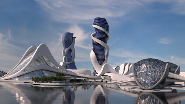City skyline with futuristic architecture