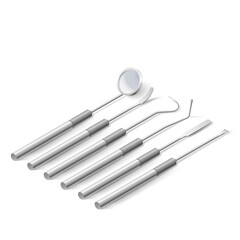 Basic Dentist Instruments and Tools. A Set of Metal Medical Equipment for Teeth Dental Care. Dental Hygiene and Healthcare Concept on White Background