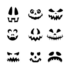 Collection of Halloween Pumpkins Flat Faces Silhouettes. Monochrome Icons Set on White Backdrop. Template with Variety of Eyes, Teeth, and Noses for Cut out Jack o Lantern